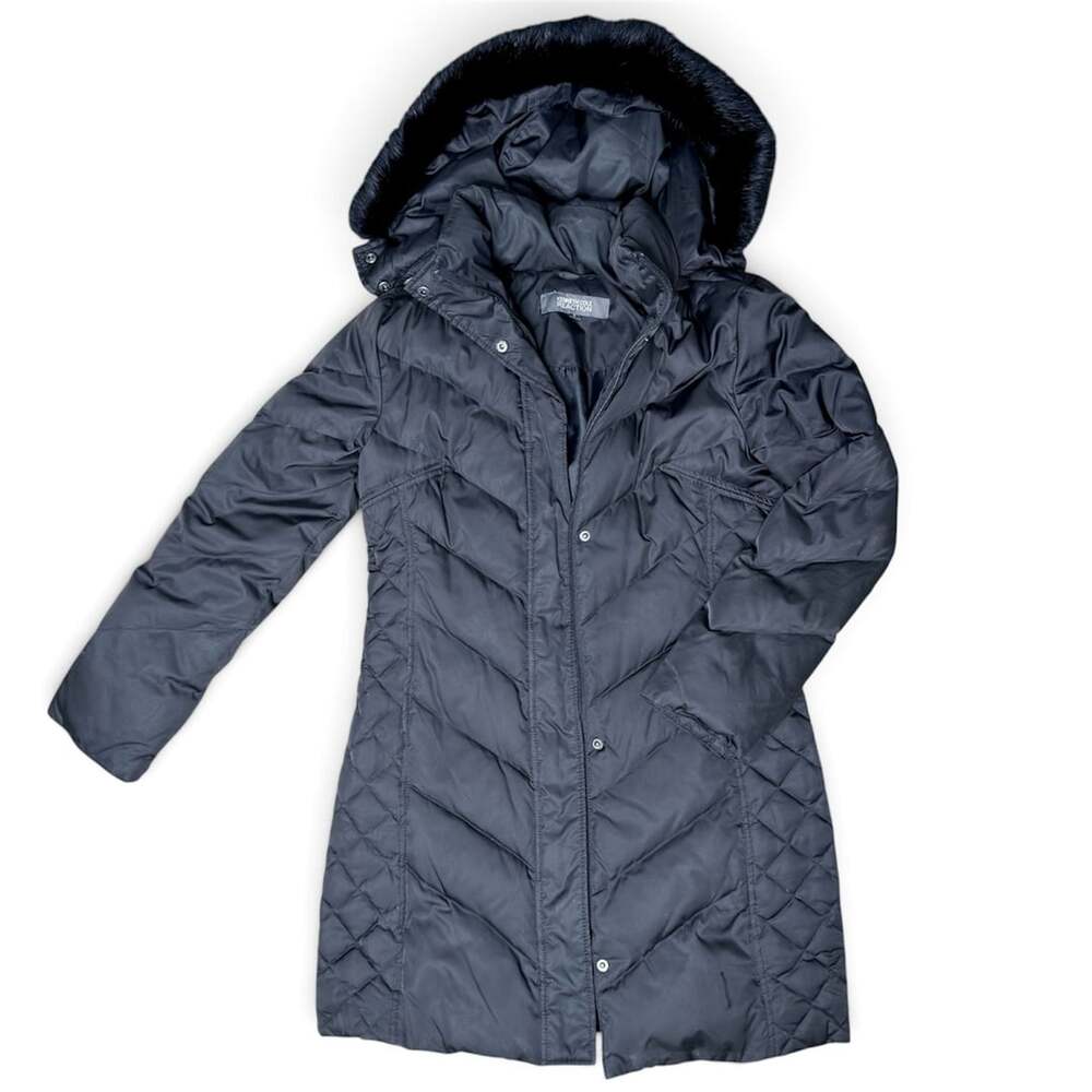 Kenneth Cole Reaction Women’s S Black Down Puffer Coat Rabbit Fur Hood 2017